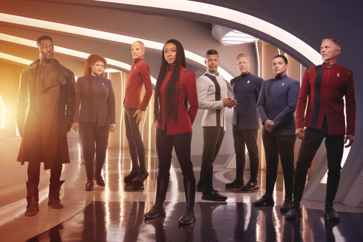 David Ajala as Book, Mary Wiseman as Tilly, Doug Jones as Saru, Sonequa Martin-Green as Burnham, Wilson Cruz as Culber, Blu Del Barrio as Adira and Callum Keith Rennie as Raynor in season 5 of the Paramount+ original series STAR TREK: DISCOVERY.