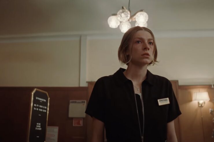 Hunter Schafer in Cuckoo, in resort lobby