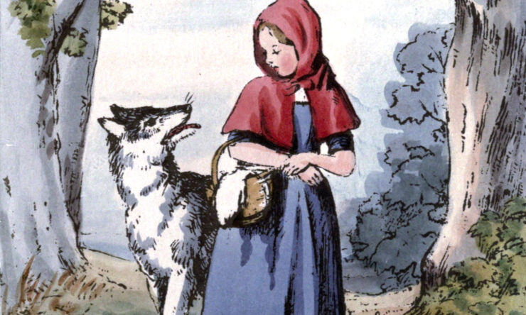 Illustration depicting Little Red Riding Hood encountering the wolf