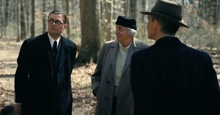 Albert Einstein (Tom Conti) introduces J Robert Oppenheimer (Cillian Murphy) to Kurt Godel (James Urbaniak) in a scene in Christopher Nolan's Oppenheimer.