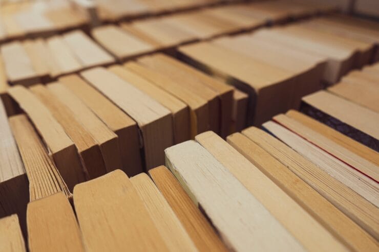 Photograph of rows of paperback books, seen from above.