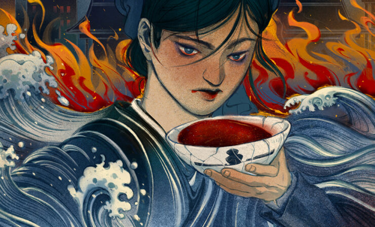 A young person drinks from a bowl of red liquid as around them, waves crash into ships and flames burn a village in the background.