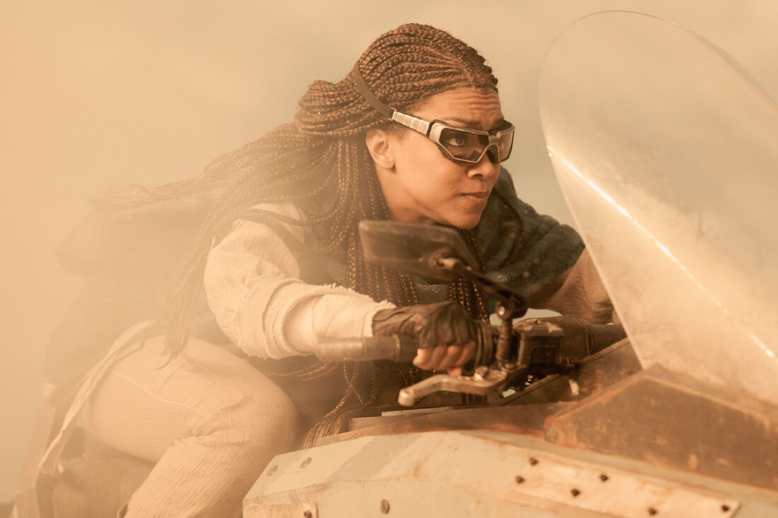 Burnham (Sonequa Martin-Green) rides a speeder bike in Star Trek: Discovery